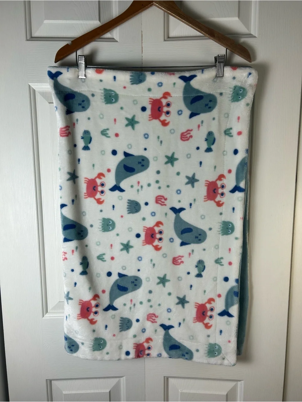Seal Crab Jellyfish Baby Blanket Starfish Blue White Plush Soft Fish Dots Lovey